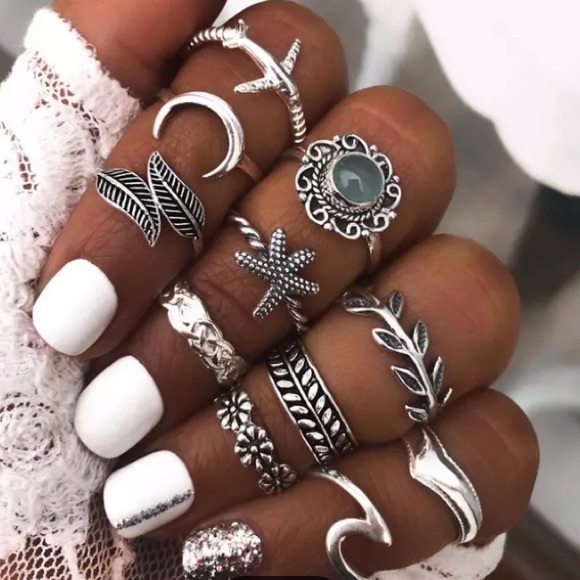 Jewelry - 11pc bohemian silver feather ring set